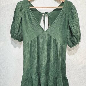 Aemi+Co Womens Mini Dress Short Sleeve Dark Green Back Tie Closure Size Large